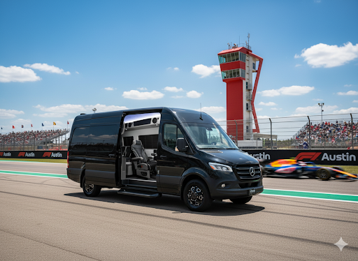 F1 Austin luxury transportation Mercedes Sprinter van at Circuit of the Americas Formula 1 weekend with COTA control tower
