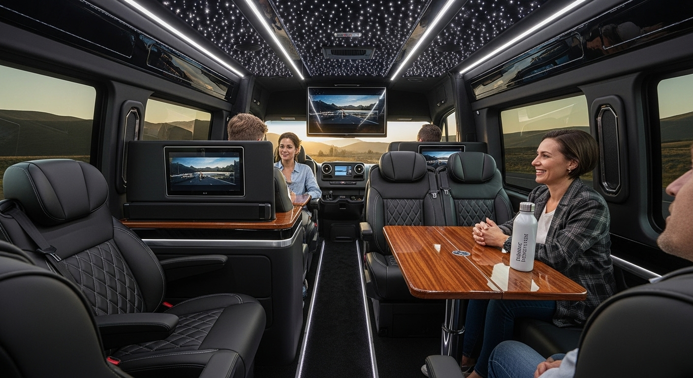 Austin Luxury Van Rental Mercedes Sprinter van interior with executive seating for group transportation